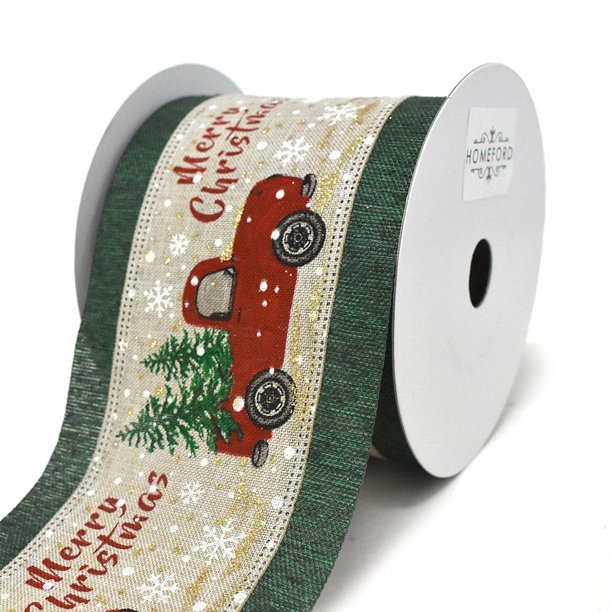 Merry christmas pickup truck and trees wired ribbon 4inch 10yard Merry christmas pickup truck and trees wired ribbon 4inch 10yard