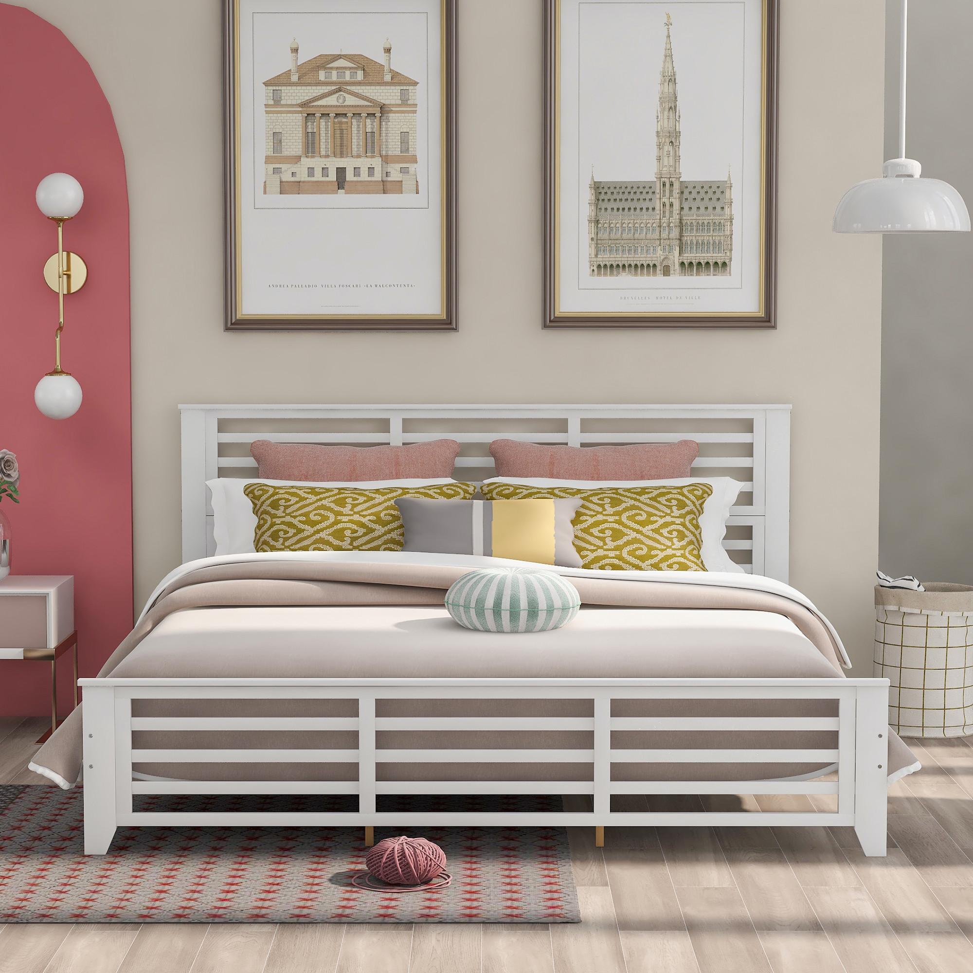 King Size Wood Platform Bed Frame with Headboard and Footboard, Solid Wood Foundation with Slat Support, White 79.9x80.7x41.3inch - image 3 of 7