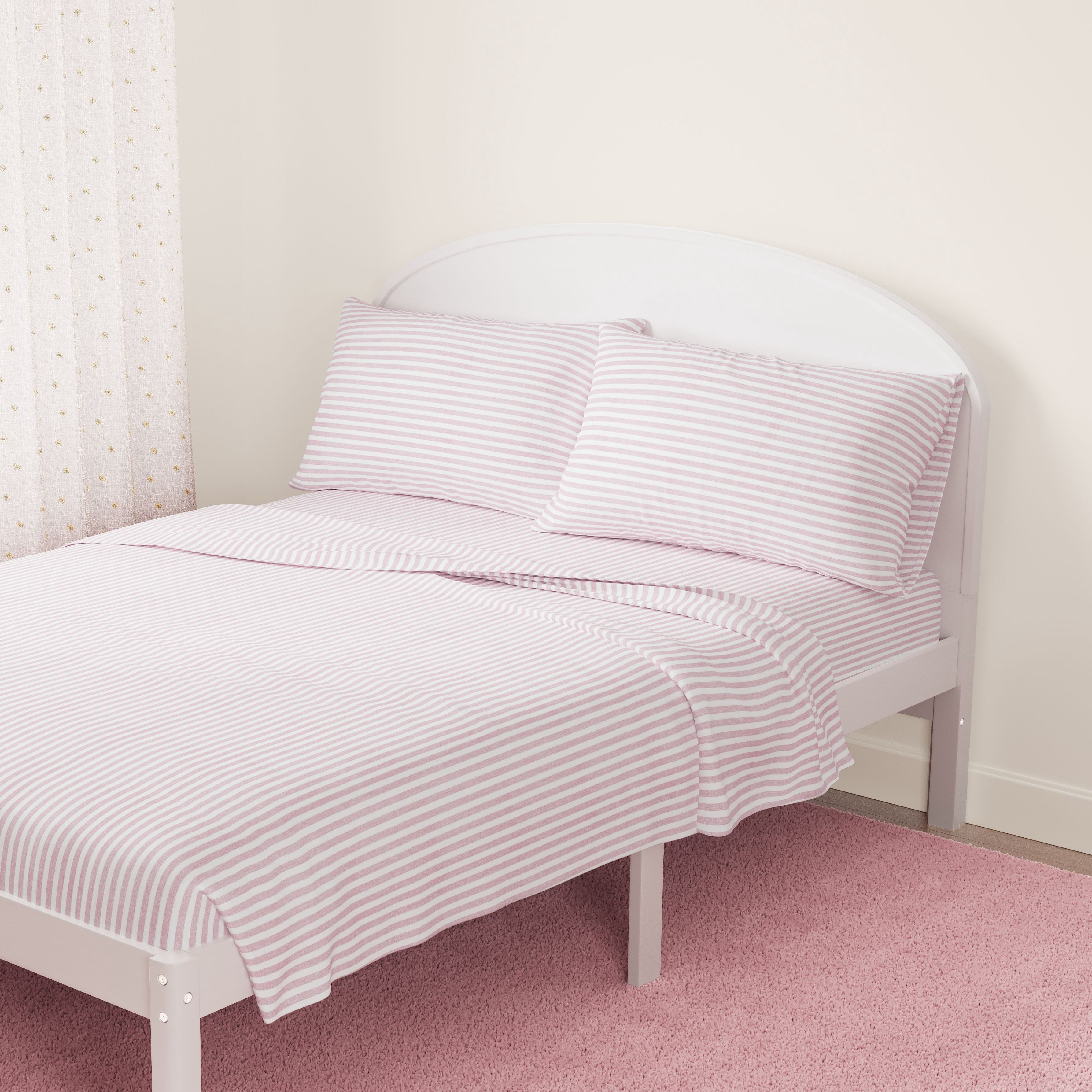 Mainstays Kids Microfiber Bed Sheet Set, Full, Pink and White Stripe, 4 Pieces