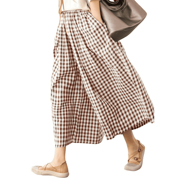 SOMER Women's Capri Plaid Pants Elastic Waist Gingham Wide Leg Palazzo Pants,Coffee
