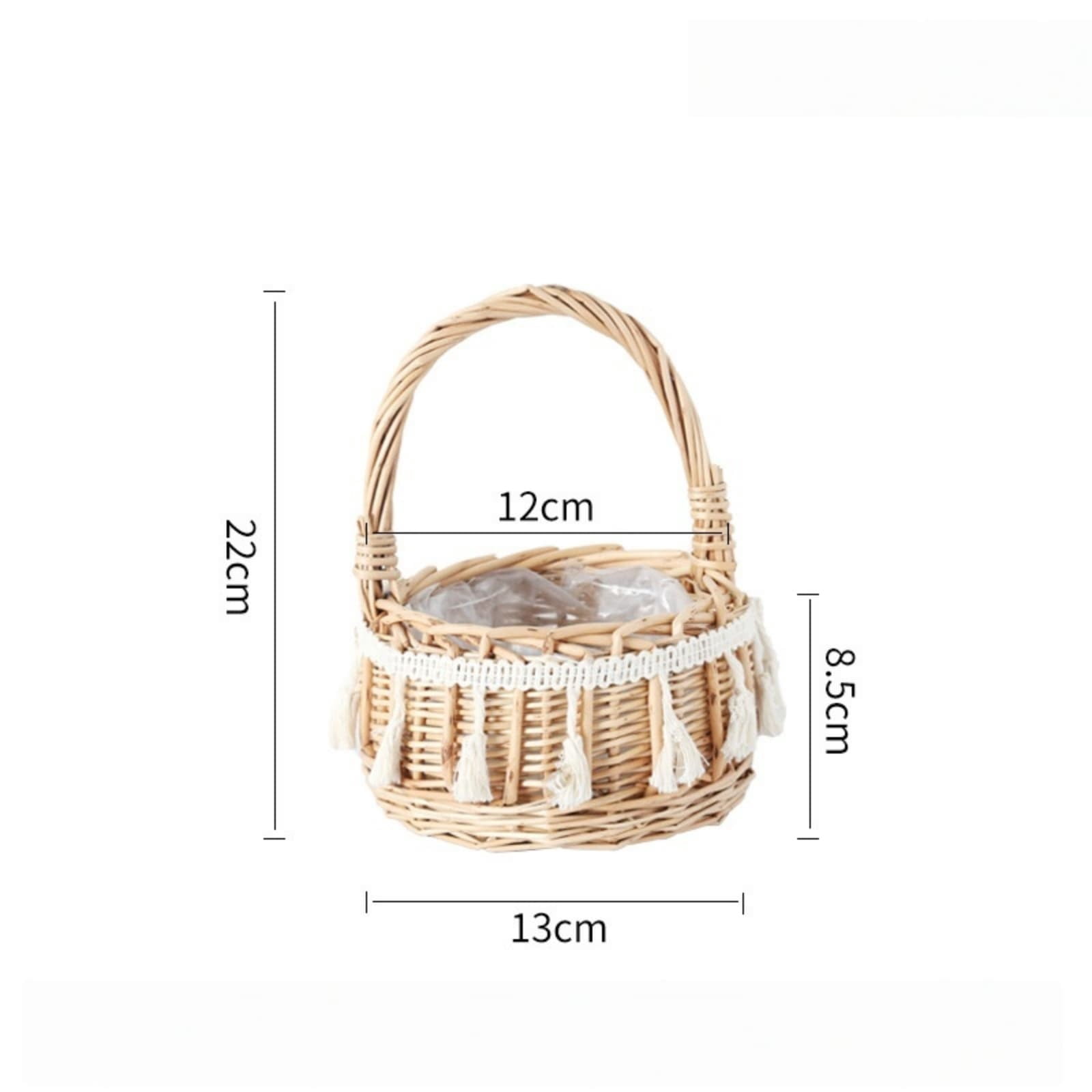 Eqslft Handwoven Wicker Flower Girl Basket with Tassel Lace, Natural Rattan Storage Basket with Handle, Boho Style Decorative Basket for Wedding, Easter, Picnic, Home Decor(Small)