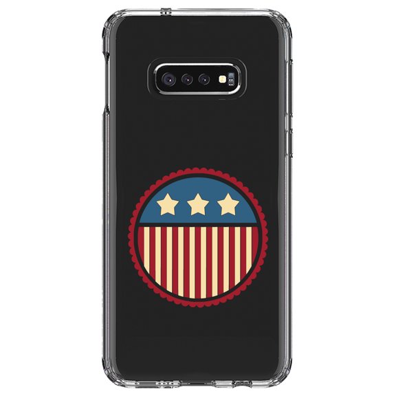 DistinctInk Clear Shockproof Hybrid Case for Samsung Galaxy S10e (5.8" Screen) - TPU Bumper Acrylic Back Tempered Glass Screen Protector - USA Seal Flag Red White & Blue