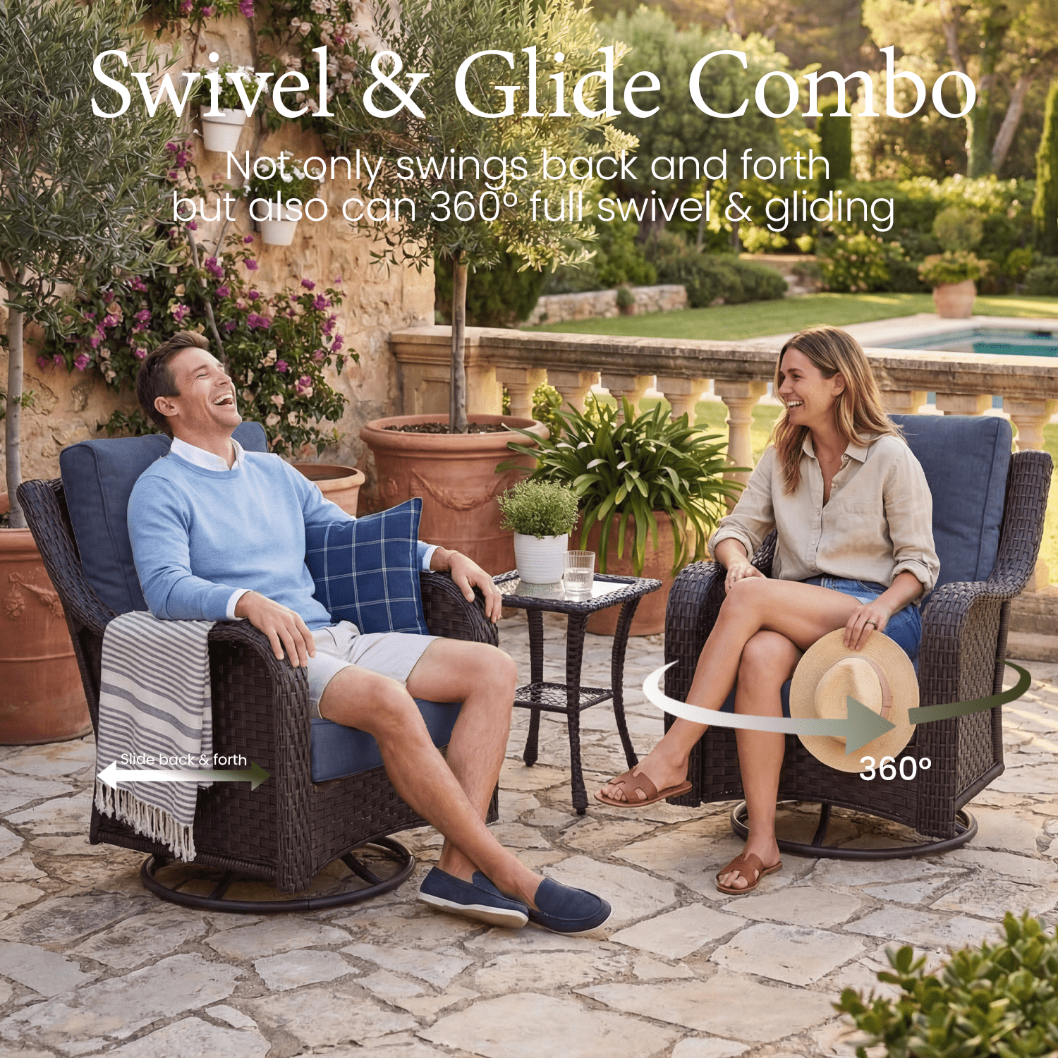 LayinSun 3 Piece Wicker Outdoor Furniture Set with 6-inch Comfy Cushions, High Back Patio Furniture Set with Rattan Armchairs and Side Table
