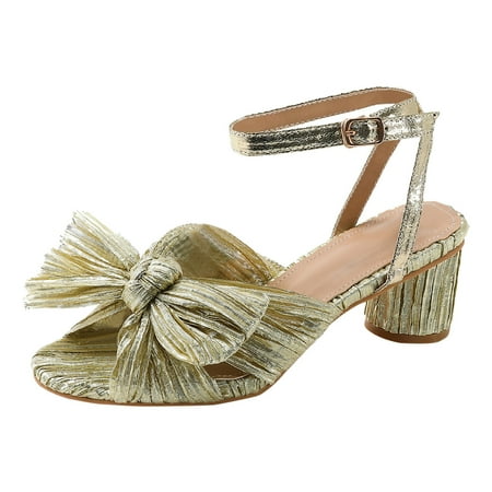

Sandals Women Summer Thick Heel Satin Bow Round Head Sandals