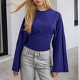 thumbnail image 7 of Dyfzdhu Long Sleeve Shirts For Women New Solid Color Round Neck Front Shoulder Wide Sleeve Waist Cinching Long Sleeved Personalized Womens Blouses, 7 of 7
