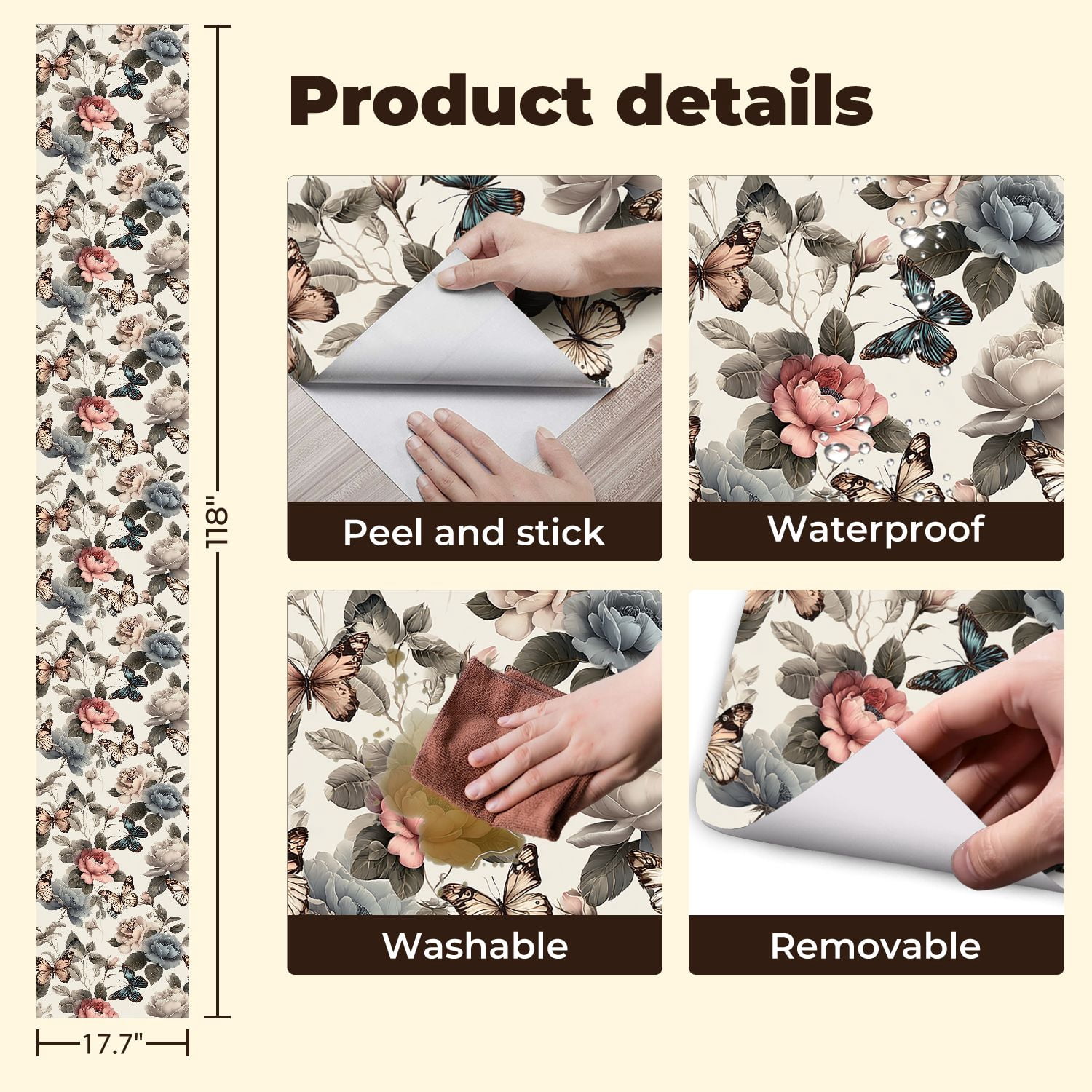 Peel and Stick Wallpaper Elegant Floral Butterflies Pastel Botanical Spring Wall Mural 17.7in x 9.8ft Self Adhesive Removable Wall Paper Renter Friendly Wallpaper for Nursery Bedroom Cabinets