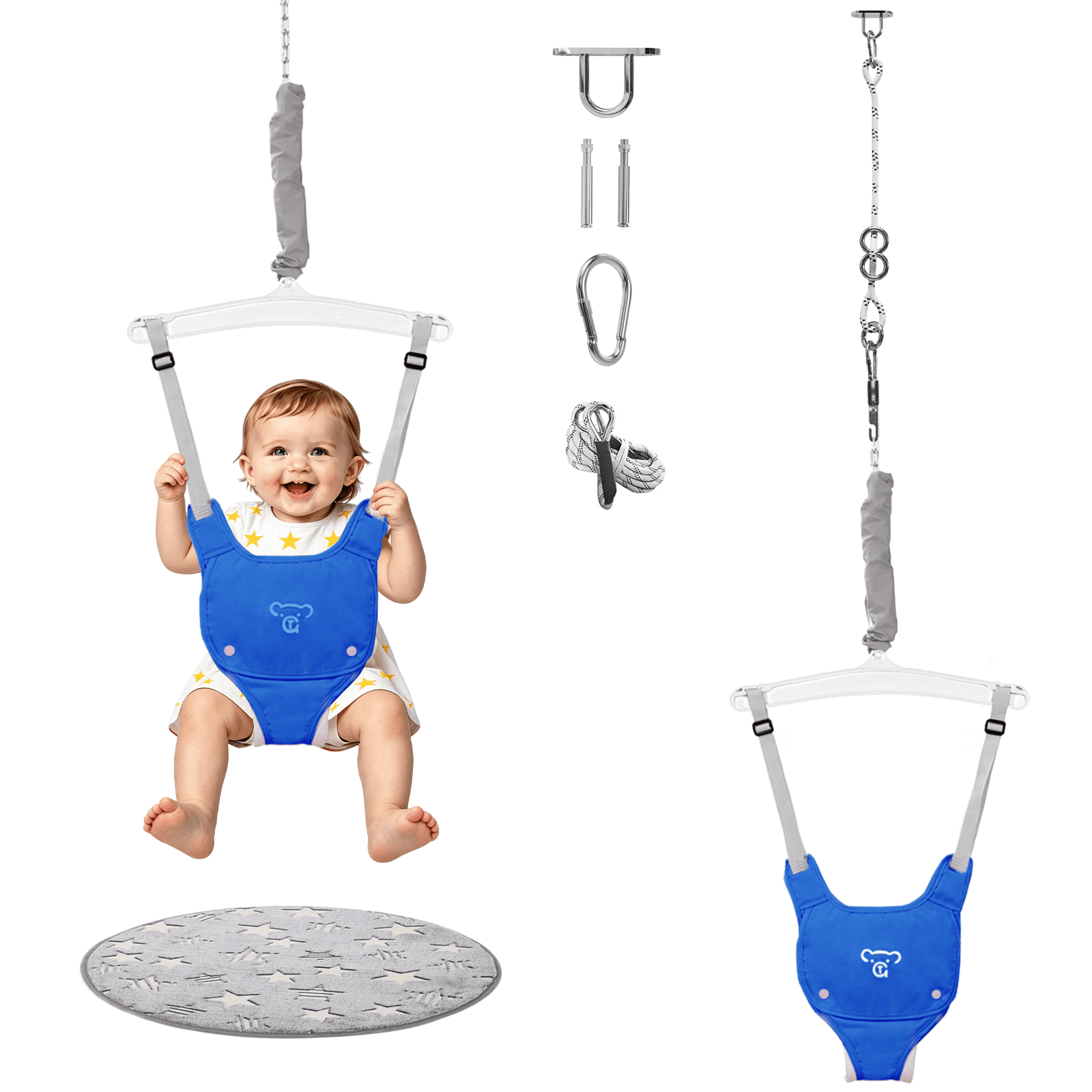 Baby Jumper, Baby Bouncer with for Infant & Toddlers, Baby Jumper Doorway Indoor/Outdoor, Adjustable Height, Blue