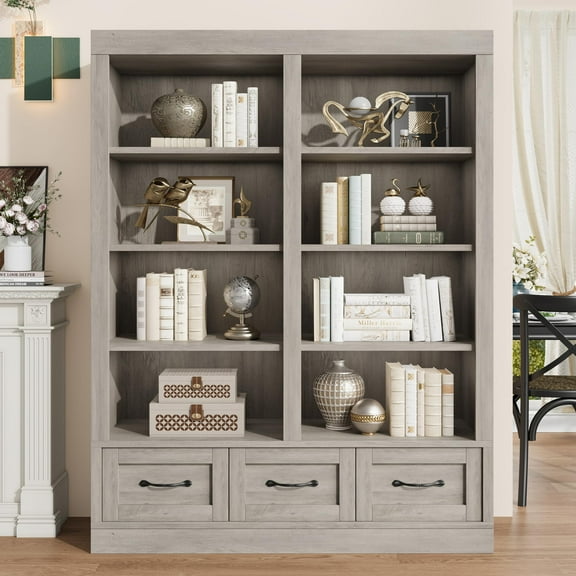 Danolapsi 70" Bookcshelf with 3 Storage Drawers, Bookcase with 3-Tier Double Wide Open Shelf, Large Storage Bookcase Wooden Deep Bookshelves for Library Office Living Room