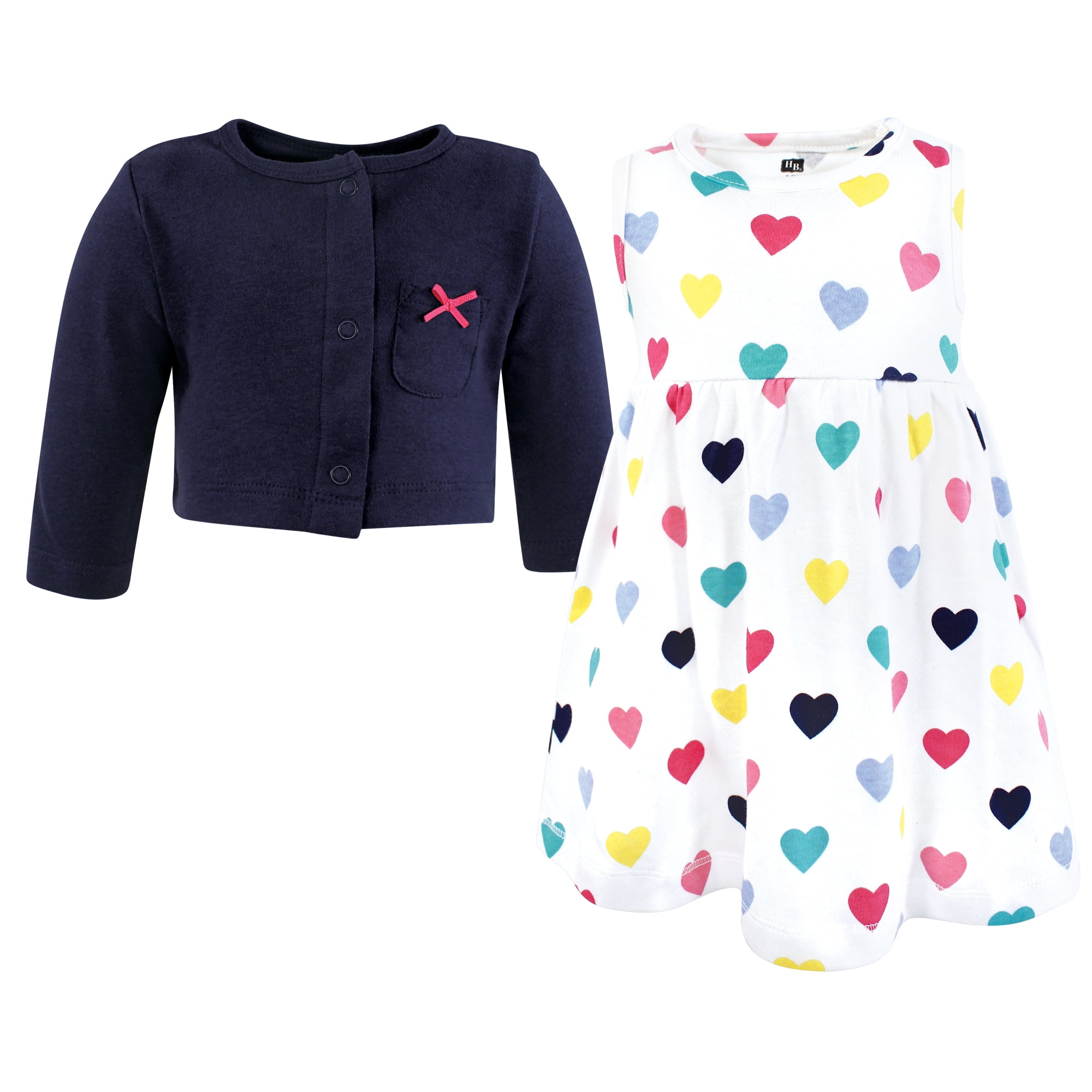 Hudson Baby Infant and Toddler Girls Cotton Dress and Cardigan Set, Navy Hearts, 5T