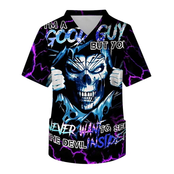 LNZGNM Halloween Scrub Top for Men Short Sleeve V Neck Skull Print Easy Care Loose Fit Stretch Work Uniform Comfort,Purple(M)
