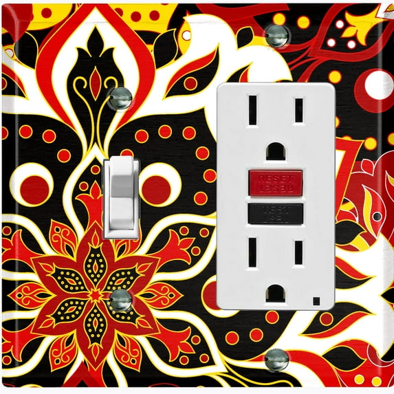 Metal Light Switch Plate Cover Colorful Black Red Mandala Flower Tile Pattern MDL024