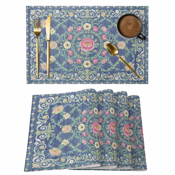 Bohemia Floral Placemats Set of 4 Watercolor Flowers Ethnic Retro Blue Place Mats Indoor Wipeable Table Mats Washable Cloth Dining Table Placemats for Kitchen Holiday Party Home Decor 13x19 Inch