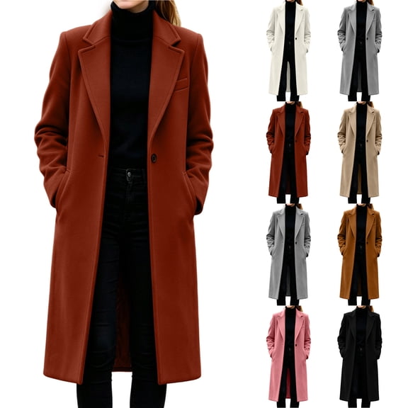 Smsaxvxz Womens Trench Coat Single Breasted Long Pea Coat Overcoat Notched Lapel Casual Suit Jacket Winter Warm Windbreaker Outwear Orange S