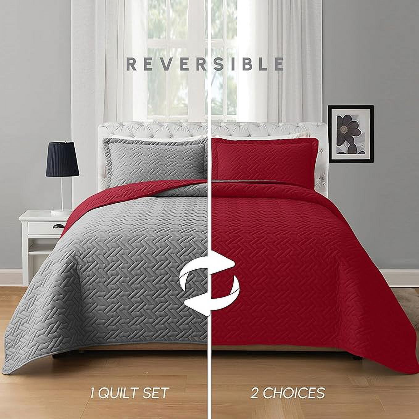 Elegant Comfort 3-Piece Quilted Reversible Bedspread Coverlet Set with Pillow Shams, Exquisite Majestic Stitching All Season Heavy Weight - Ultra Soft Premium Quilt- Twin XL, Burgundy/Gray