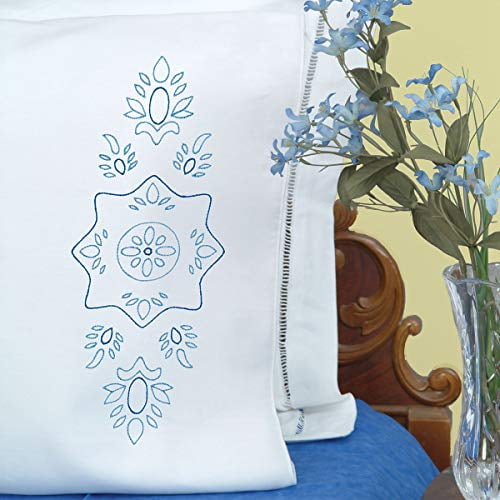 Jack Dempsey Needle Art 1600706 Blue Floral Hand Embroidery, Standard Size, White