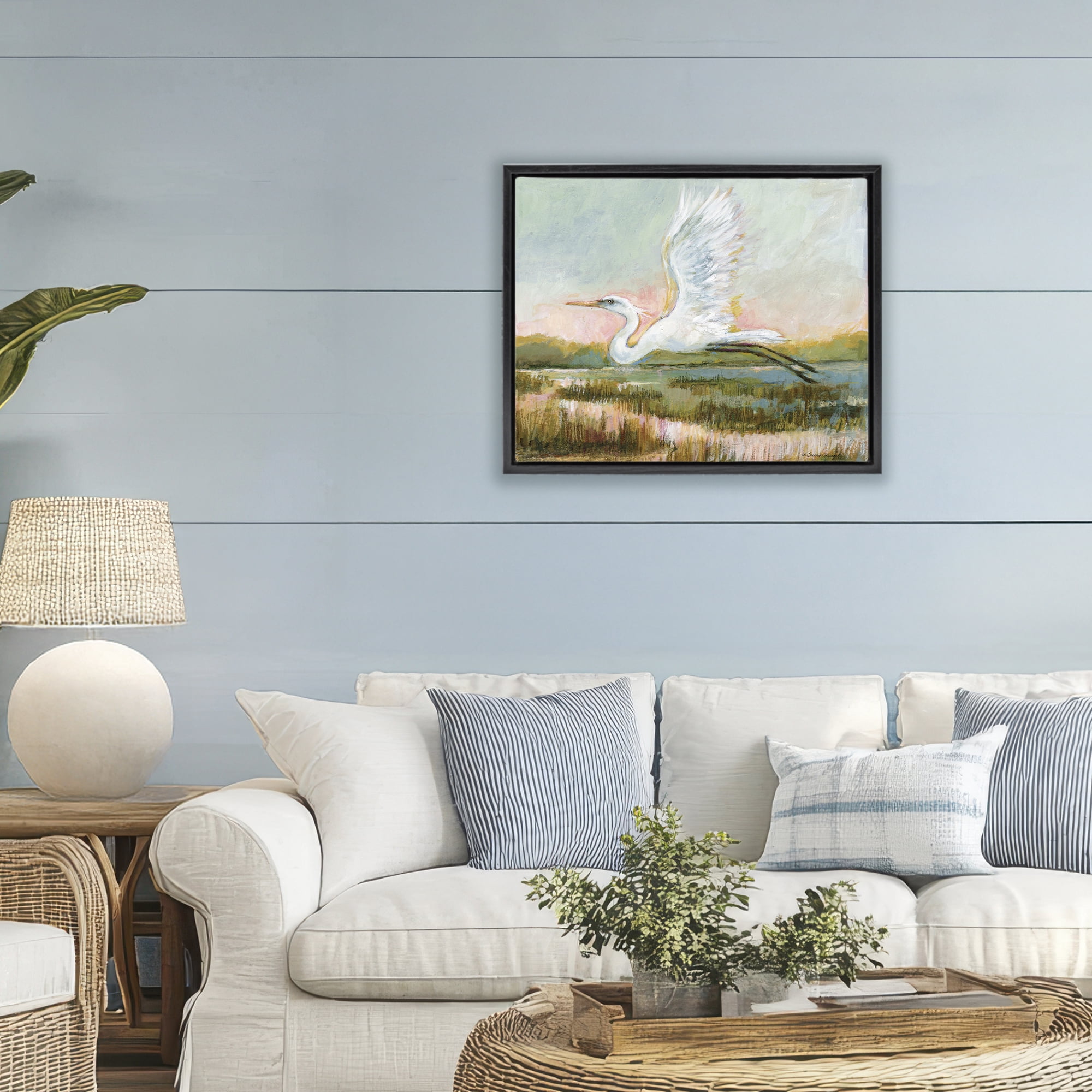 Stupell Industries White Heron Flying Black Framed Floater Canvas Wall Art, design by Susan Winget