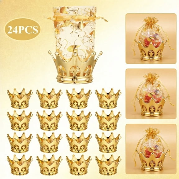 24Pcs Crown Candy Boxes with Organza Bags, Gold Crown Party Favor Containers, Elegant Gift Packaging for Wedding Spring Party Candy Chocolate Dessert Table Decorations