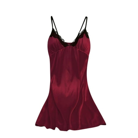 ZyeKqe Nightgowns for Women Spaghetti Strap Nightdress Deep Lace V Lingerie Soft Comfy Chemise Cozy Loungewear