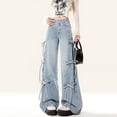 thumbnail image 2 of Women's Jeans - Fashionable Women's Wide Leg Denim Pants with Bow Tie Loose Fit Long Trousers for Autumn Style Soft Cropped Jeans,Color:Blue,Size:XL, 2 of 9