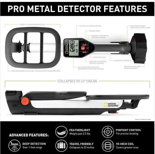 Lightweight and Collapsible for easy travel Ultimate Treasure Hunter with Pinpointer Large Waterproof 10 Coil NATIONAL GEOGRAPHIC PRO Series Metal Detector 