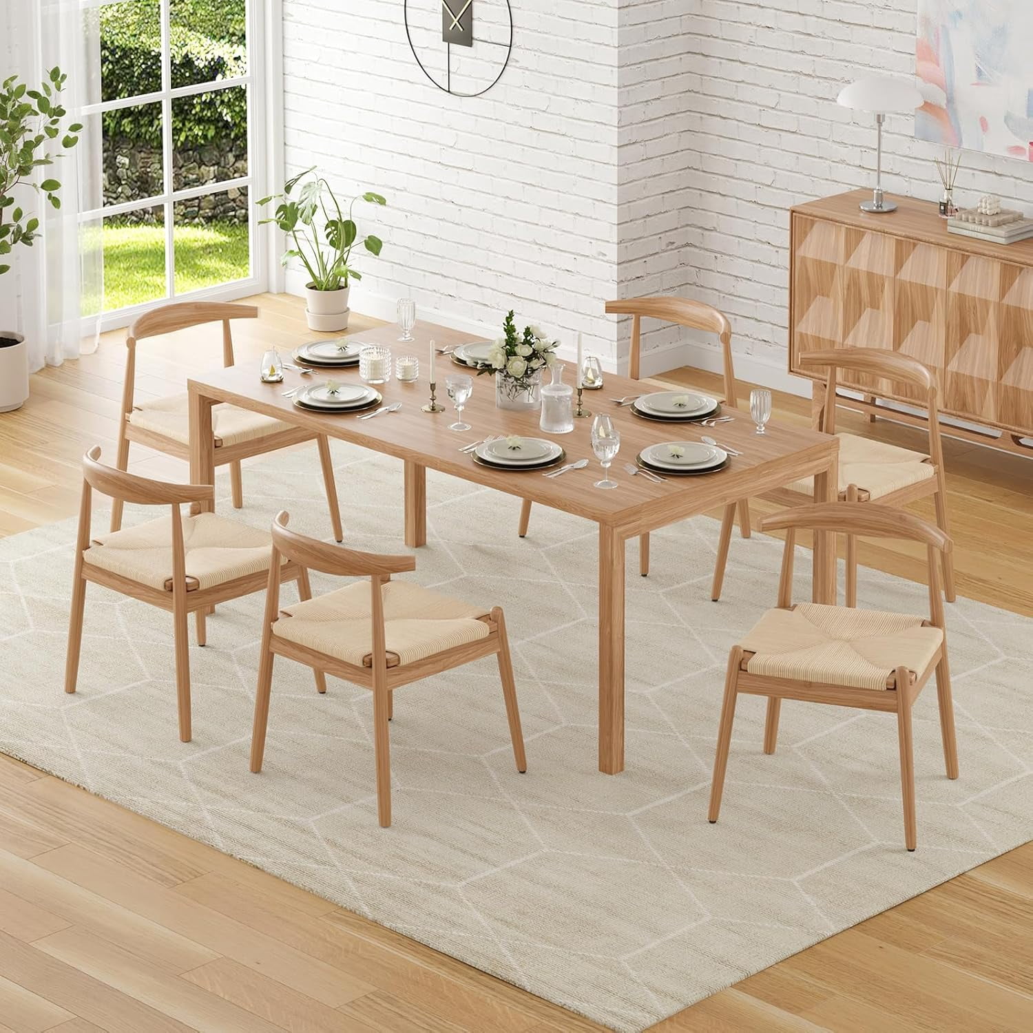 Farini Mid-Century Dining Chairs Set of 2, Solid Wood Frame & Woven Leather Seats, Nature-Beige