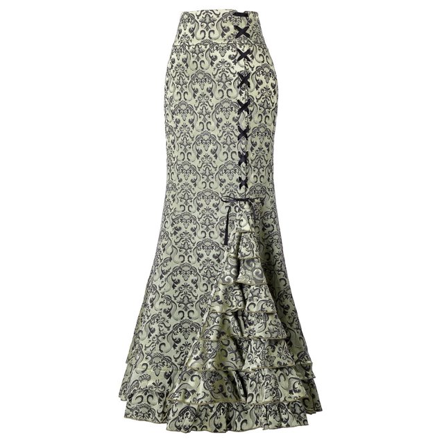 Jupe Maxi Rétro Steampunk Vintage Sirène à Volants Femmes Victorienne Taille Haute, Vert, M