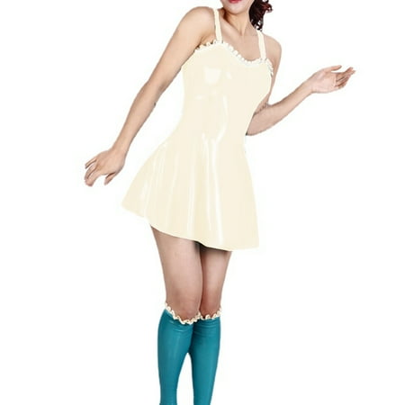 Sexy Women PVC Strap Cami Sheath Mini Dress Lingerie Costume Women Ruffles Hem A-line Dress Party Clubwear