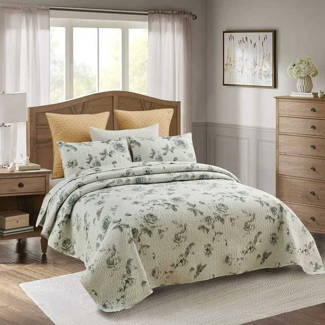 JML Quilt Set, King, Grey Flower, 3 Piece