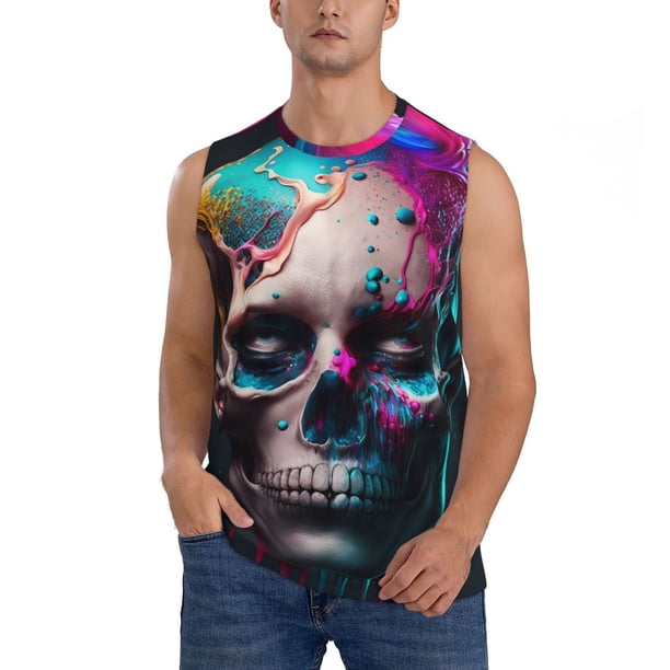 Fotbe Modern Abstract Colorful Skull B Men's Camiseta sin Mangas Estampada para Hombres, Playera Casual para Gimnasio, Entrenamiento, Playa-Large