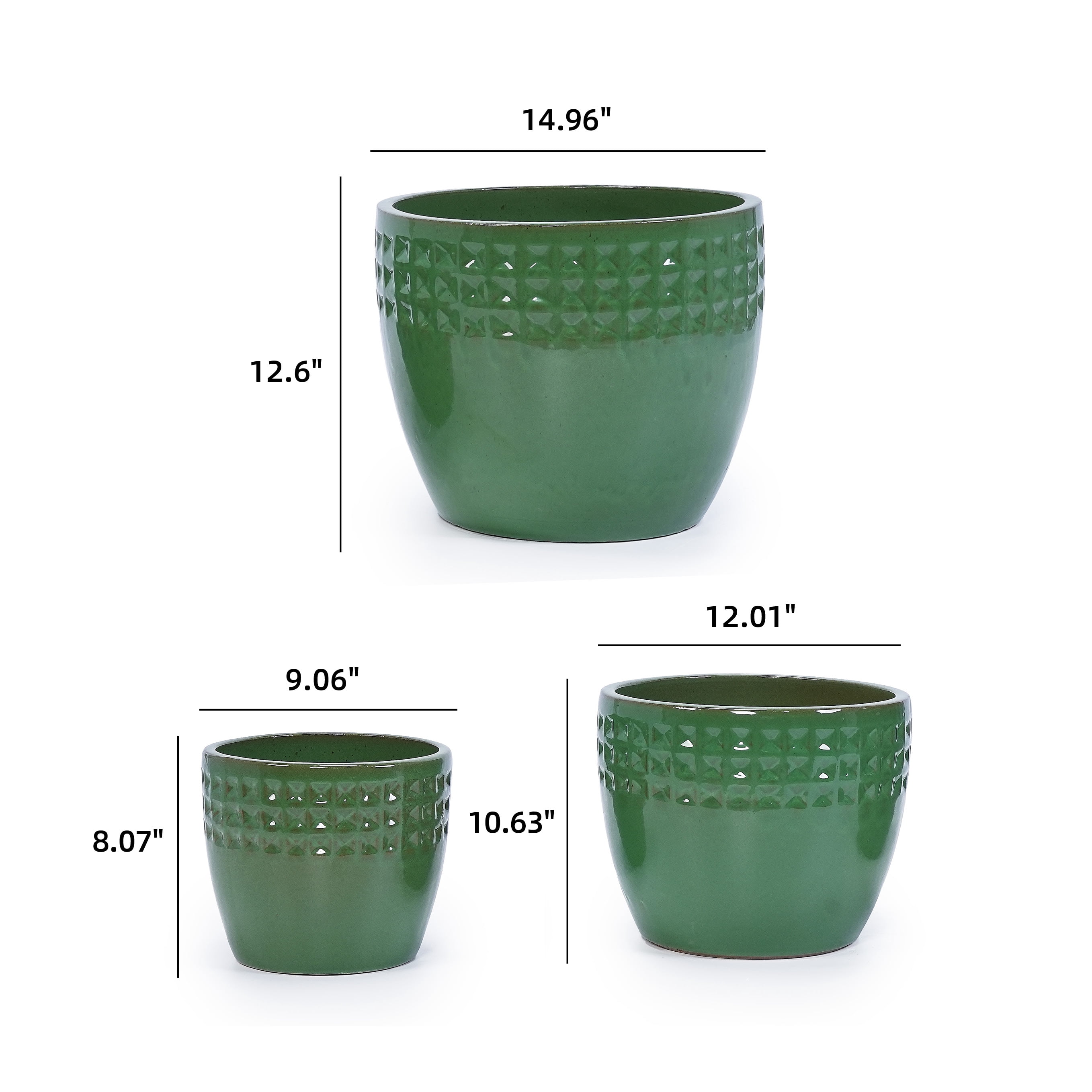 mdj pottery 3pcs Handmade Ceramic Planter Set, 15/12/9 Inch, Green Diamond Pattern, Ceramic Flower Pots for Orchids Succulents, Indoor Outdoor Windowsill Bookshelf Decor