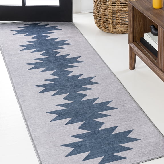 JONATHAN Y WASHABLE 2 x 8 Runner Rug, Chayton Minimalist Geometric - Gray/Blue, WSH110D-28