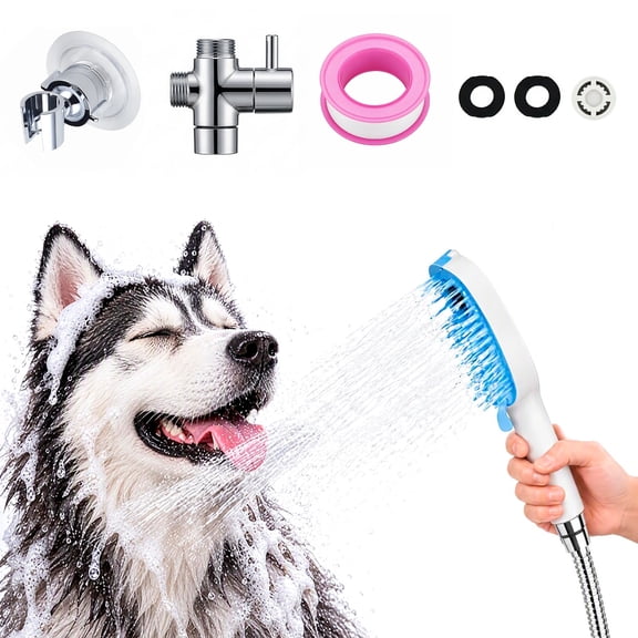 Ouxumoll Pet Bath Sprayer Attachment for Tub,4-Mode Handheld Shower with Long Handle and Silicone Brush, Pet Shower Hose Adapter Portable Hose Attachment
