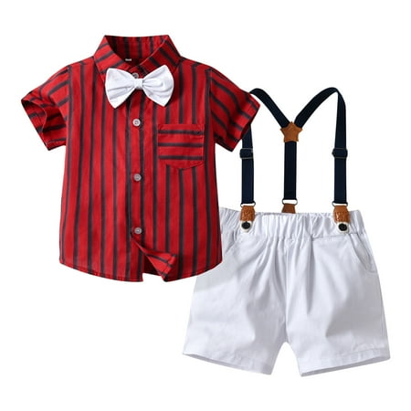 

SZXZYGS Boys Fashion Toddler Boys Short Sleeve Red Striped Tie Shirt Tops Suspender Shorts Child Kids Gentleman Outfits