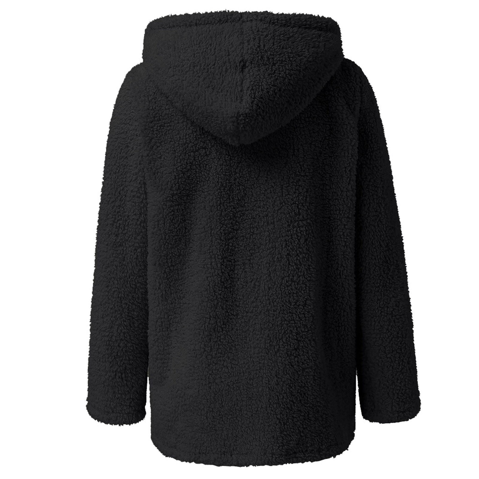 Women's New Hooded Sherpa Jacket Women Casual Winter Fluffy Warm Soft Coat Zip Up Hooded Sweatshirt Jacket Coat Outwear