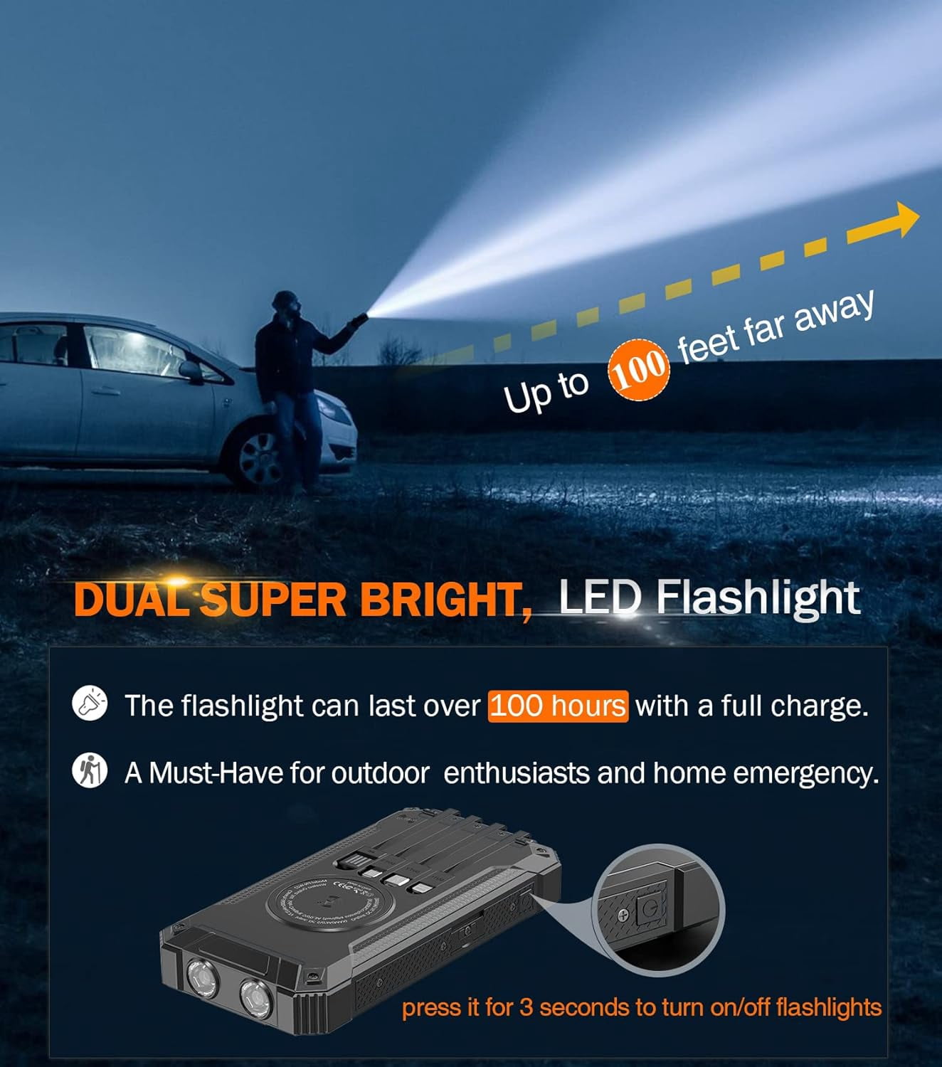 36000mAh Solar Power Bank, 15W Fast Charging, Wireless, 4 Built-in Cables, 6 Outputs, Dual Flashlights, and Carabiner – Compatible with All Mobile Devices
