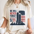 thumbnail image 2 of 911 Memorial T-Shirt, We Will Never Forget American Flag NYC Skyline Graphic Tee, Gildan 5000 Printed Cotton Shirt, 2 of 4