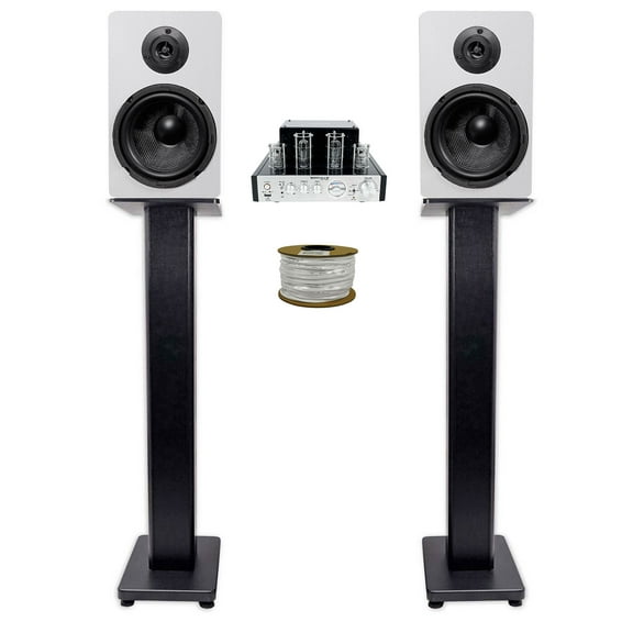 Rockville BluTube Tube Amplifier+(2) 6.5" White Bookshelf Speakers+28" Stands + Rockville BLUE 14G50 OFC 14 Gauge 50 Foot 100% Copper Speaker Wire