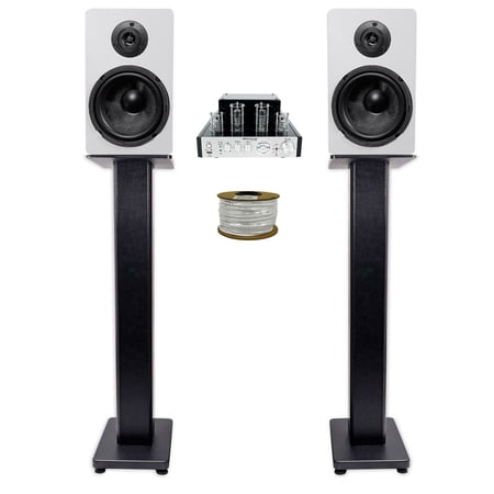 Rockville BluTube Tube Amplifier+(2) 6.5 White Bookshelf Speakers+28 Stands + Rockville BLUE 14G50 OFC 14 Gauge 50 Foot 100% Copper Speaker Wire