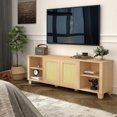 thumbnail image 7 of Highsound Boho Style TV Stand for 65 Inch TV, Entertainment Center with 2 Doors and Shelves, Rattan TV Console Media Console with Cord Holes and Solid Wood Feet for Living Room Bedroom, Oak, 7 of 7