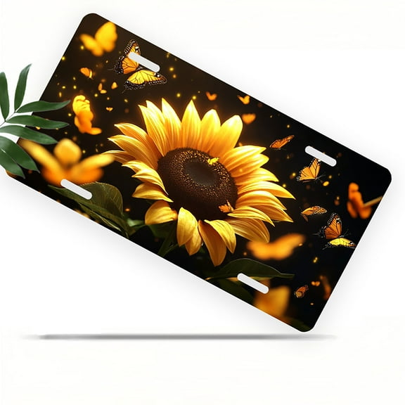 License Plate, Sunflower and Butterflies Decorative Front,Personalized Stainless Steel License Plate Cover For Men Women,12.2" X 6.2"