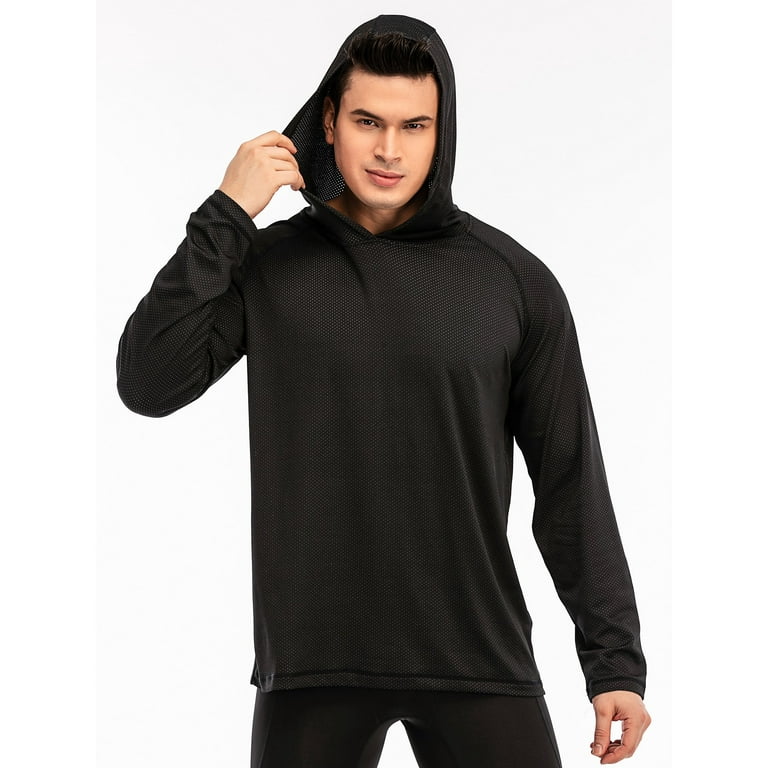 Deeroll Men's Athletic Hooded Shirts Long Sleeve Workout Sport Hoodie Casual Running Shirt Quick Dry Pullover Top, Black, S, Size: Small