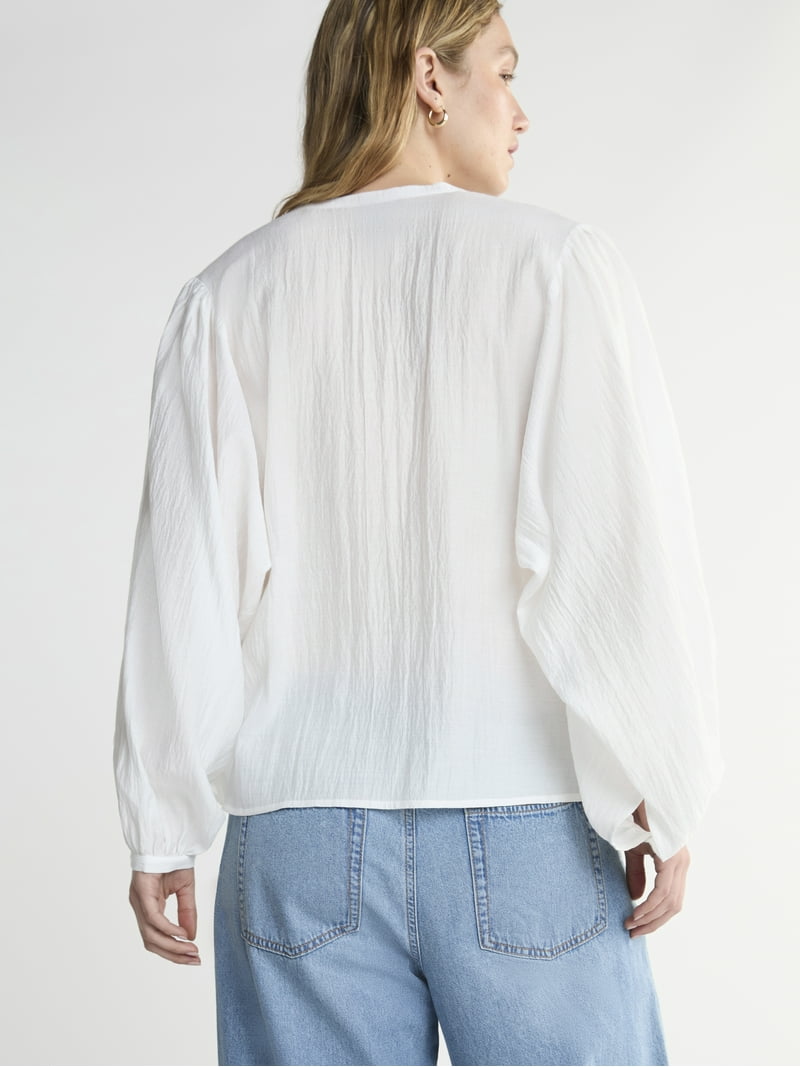 Scoop Women's Crinkle Gauze Blouson Shirt with Long Sleeves, Sizes