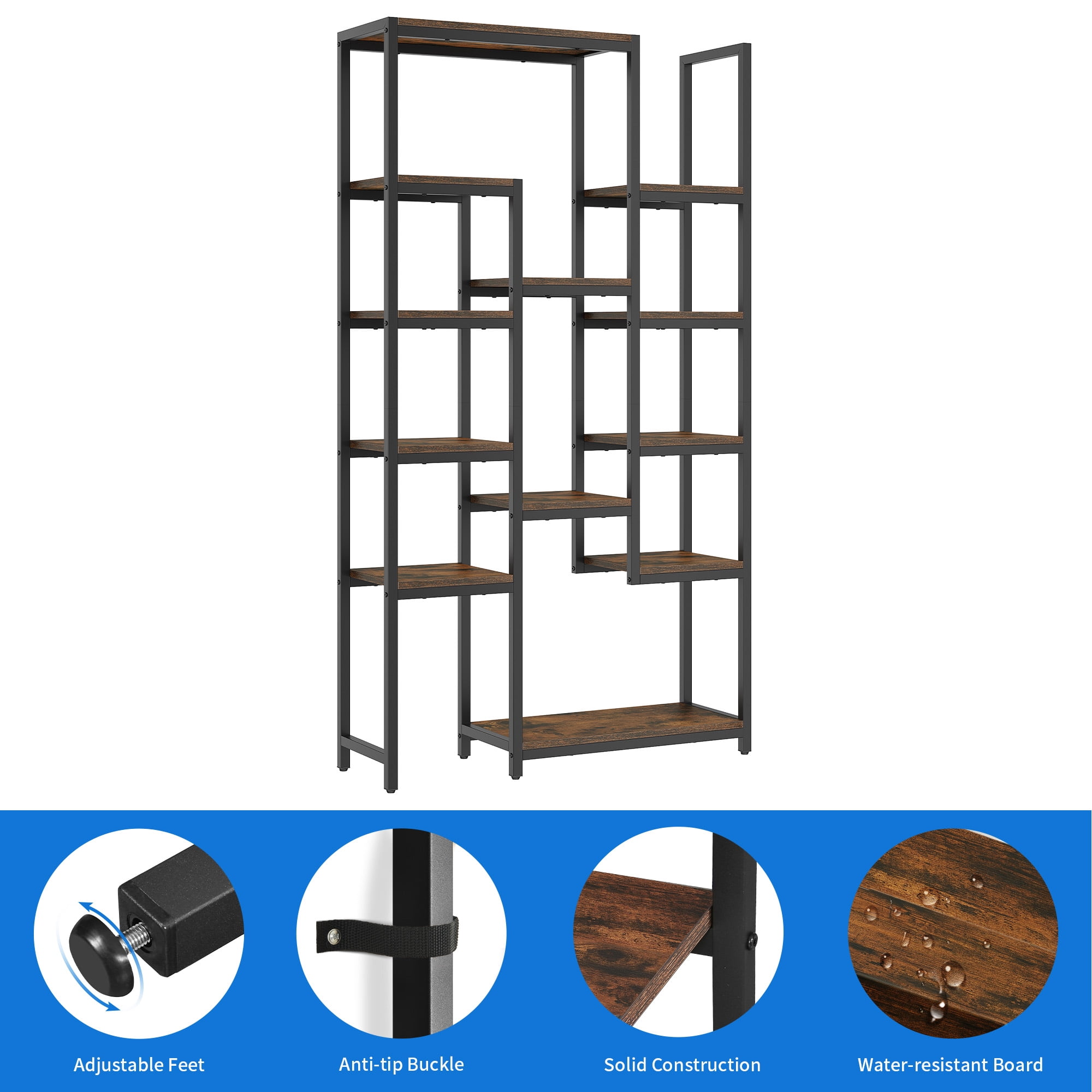 Dextrus 6 Tier Bookshelf, Tall Modern Free Standing Bookcase with 12 Shelf, Open Display Shelf Storage Book for Office Home, Black & Brown