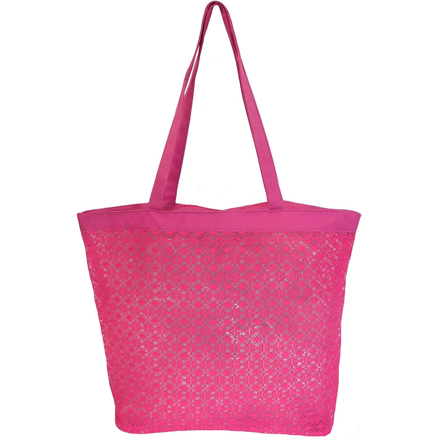 Zipper Top Embroidered Mesh Beach Bag Lightweight Market, Grocery
