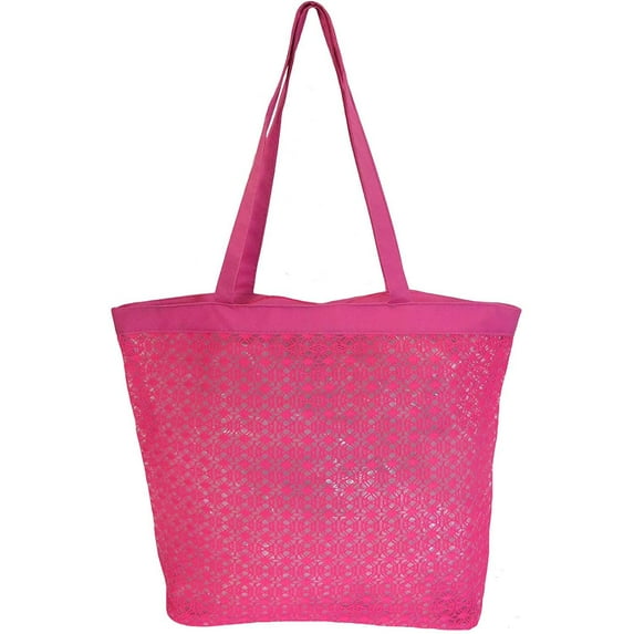 Woman's Zipper Top Embroidered Mesh Beach Hand Bag Lightweight Market, Grocery & Picnic Tote Pink
