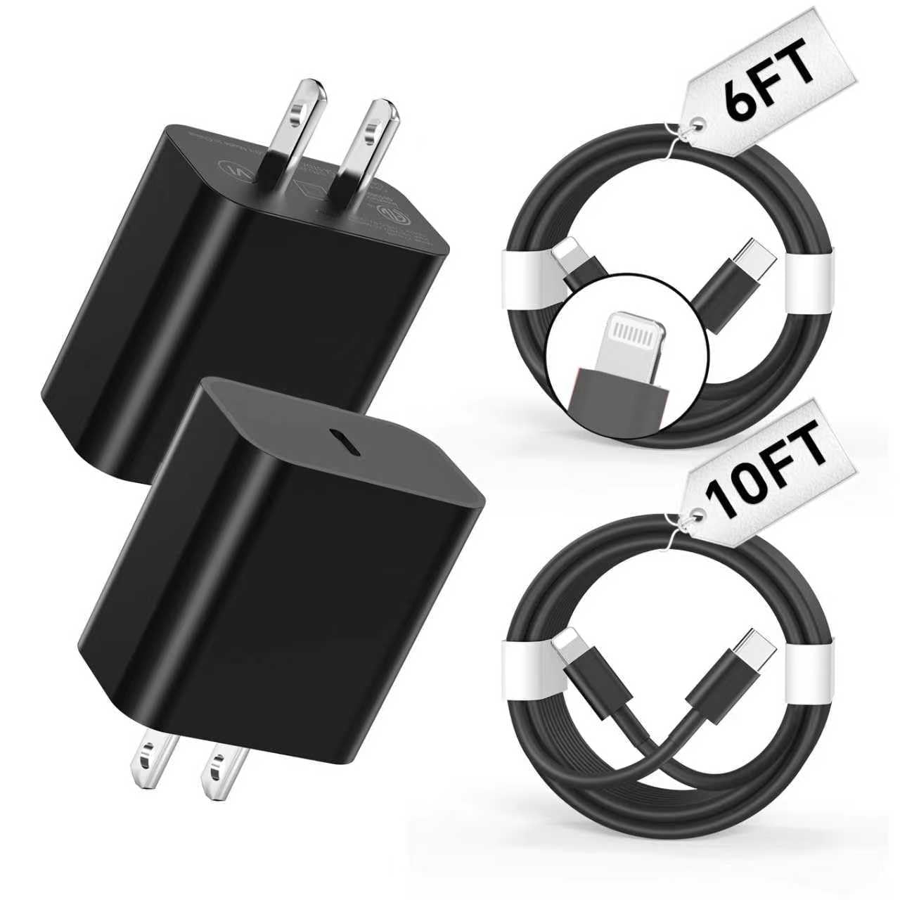RGHJAR-Phone Charger Fast Charging,【MFi Certified】 2-Pack 20W USB-C Wall Charger with 1-Pack 6FT/10FT Fast Charging Type-C to Liightning Cable for Phone 14/13/12/11/Plus/Pro/Pro Max/Mini/Pad(Black)