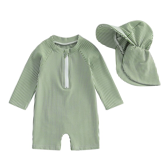 Shadoumai Baby Boys Girls Swimsuit 1 Piece Striped Zipper Bathing Suit Rash Guard Long Sleeve Seersucker Swimwear Sunsuit