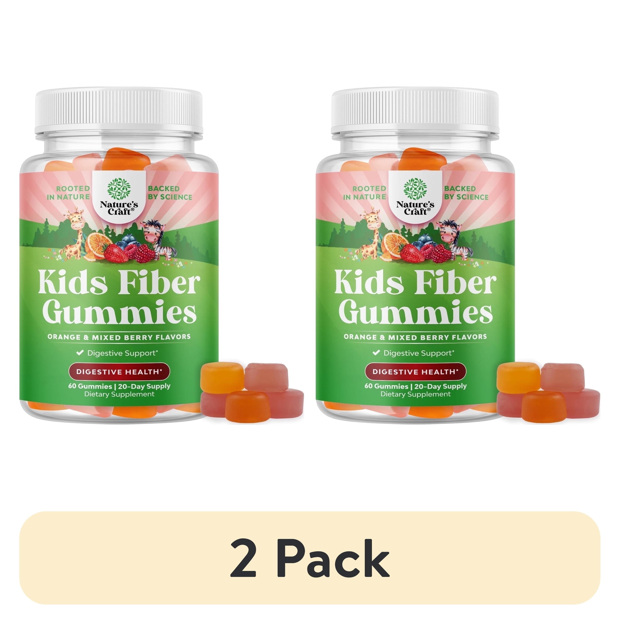 (2 pack) Natures Craft Prebiotic Fiber Gummies for Kids Digestive Health, Orange and Mixed Berry, 60 Count