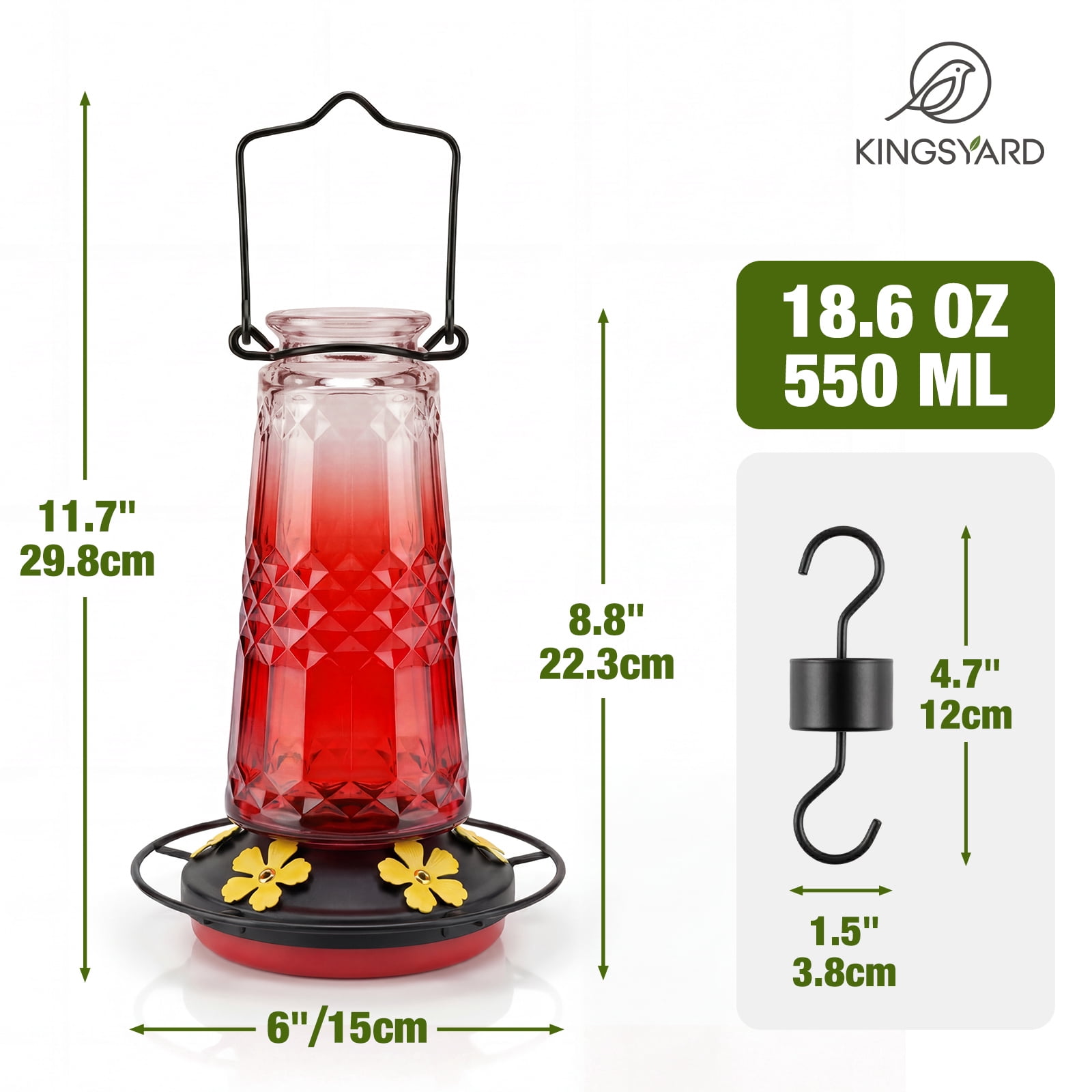 (2 pack) Kingsyard 18.6 oz Red Ombre Glass Hummingbird Feeder, 5 Yellow Ports, Ant Moat Included