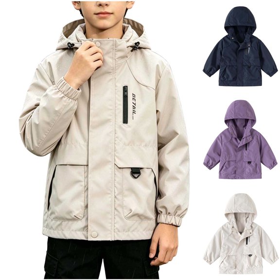 MexChoioe Kids Hooded Windbreaker Jacket Zip and Snap Button Closure Long Sleeve Outerwear with Multi Pockets Fall Lightweight Breathable Hiking Coat for Boys